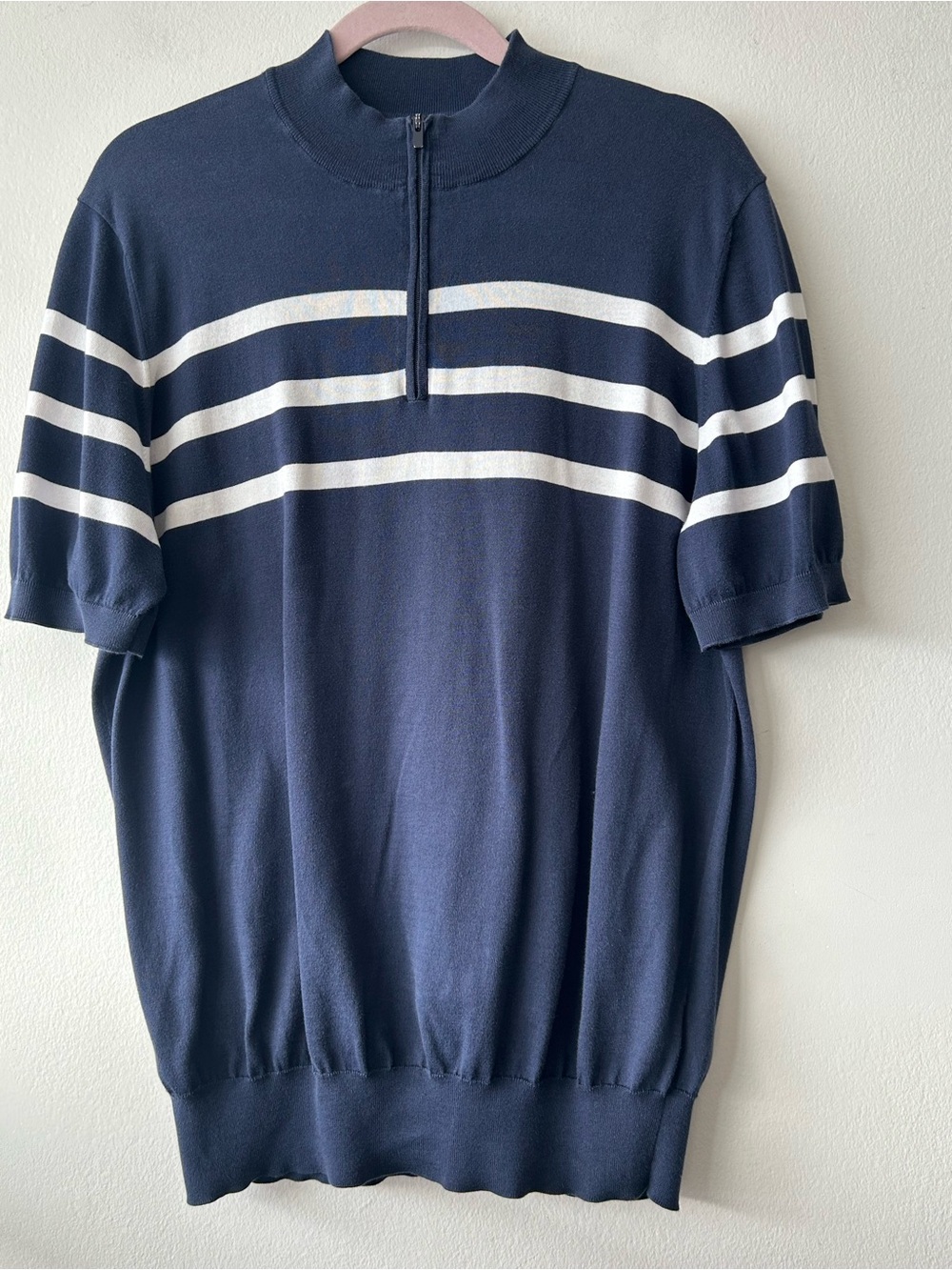 Brunello Cucinelli Navy Short-Sleeve Zip Mock Neck Sweater with White Stripes